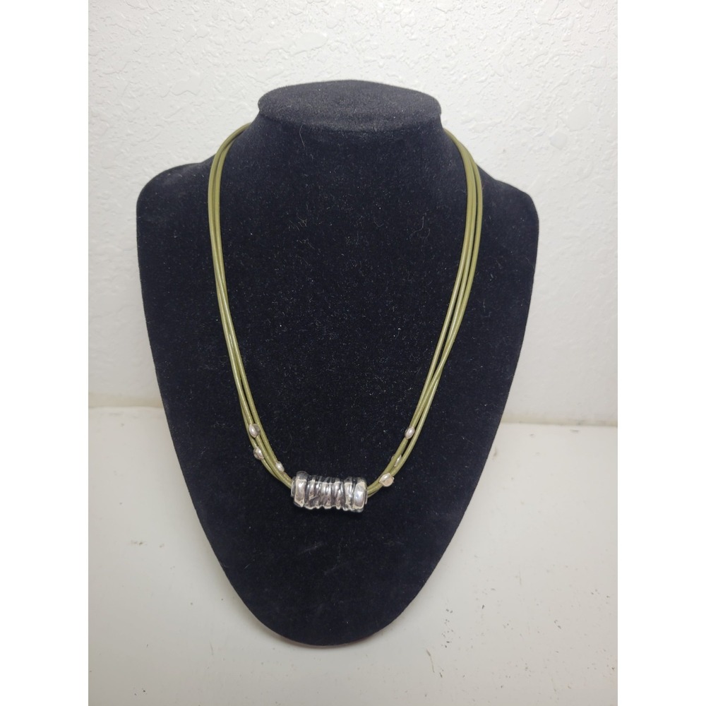 Retired SILPADA 3 Strand Green Cord Hammered Tube Bead Pendant Necklace